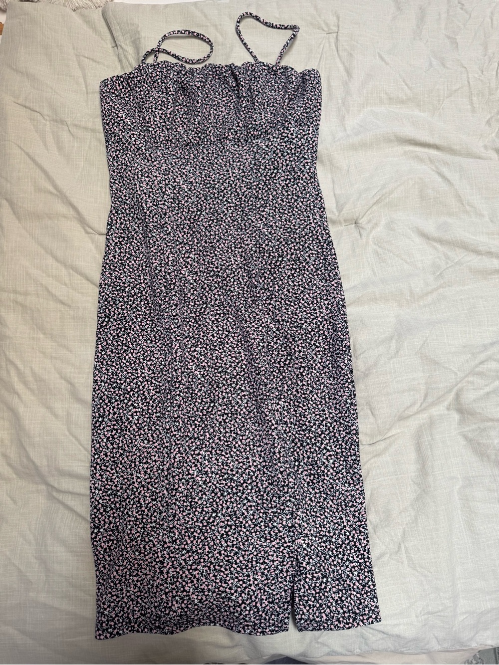 Divided Black Midi Dress with Pink Floral